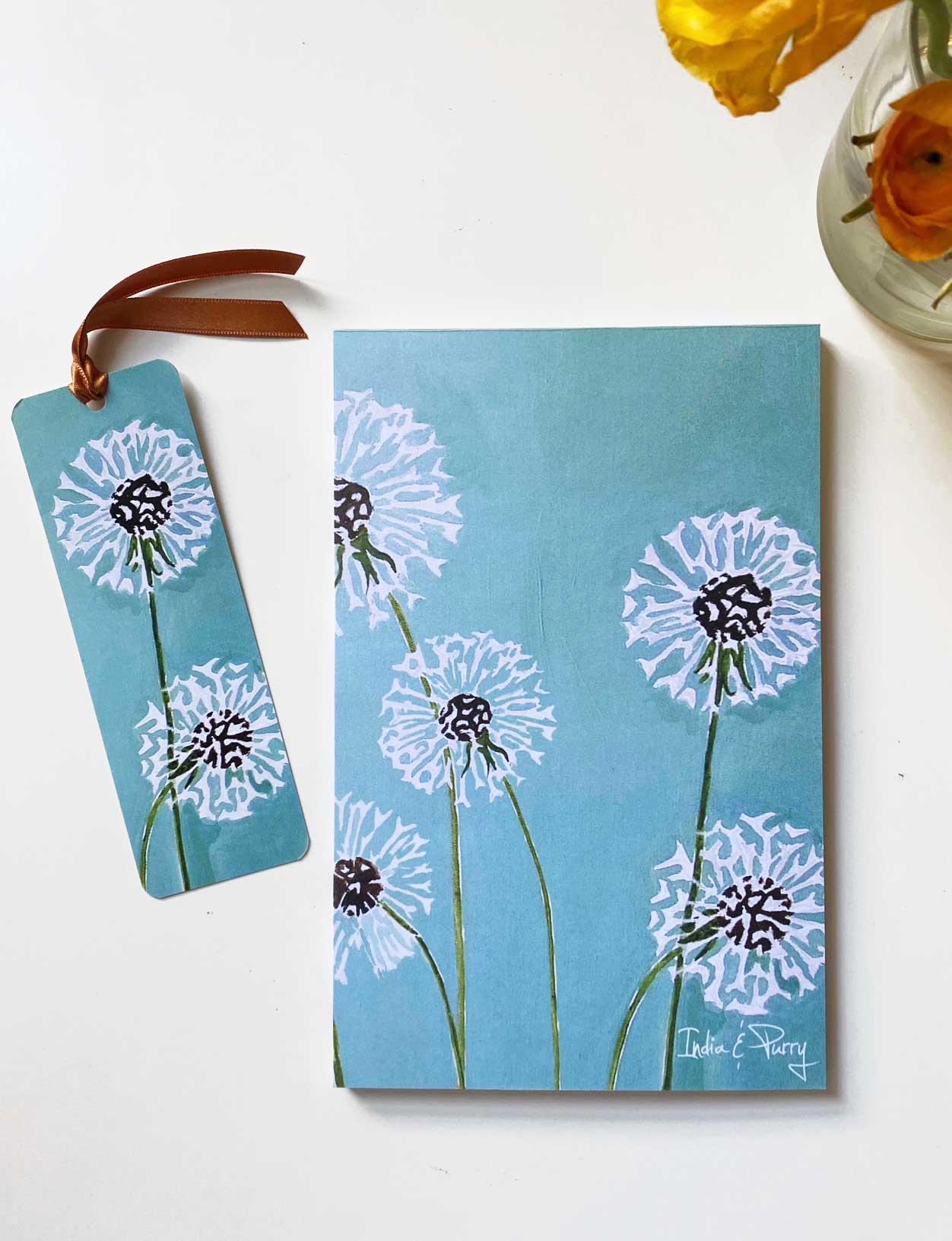 Notepad & Bookmark: Dandelions on Aqua